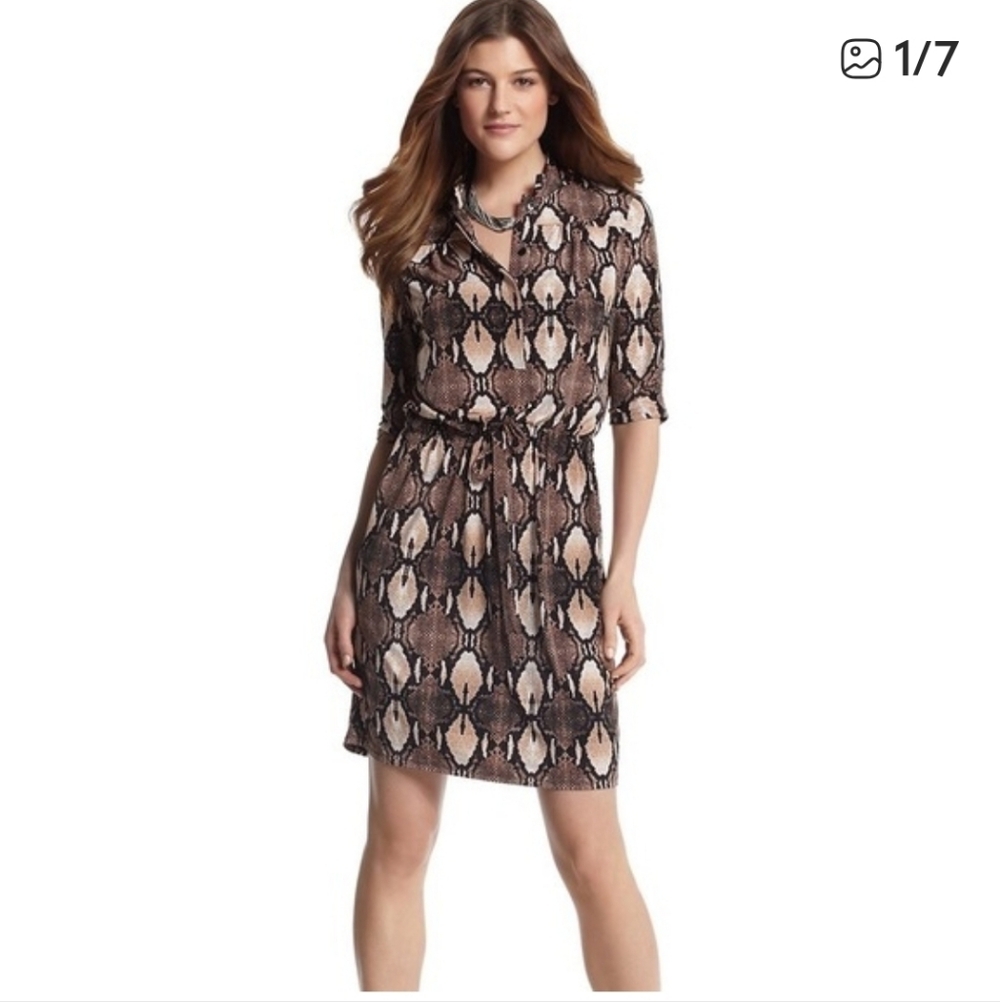 White House Black Market WHBM Snake Print Shirt Dress Brown Tan Size S